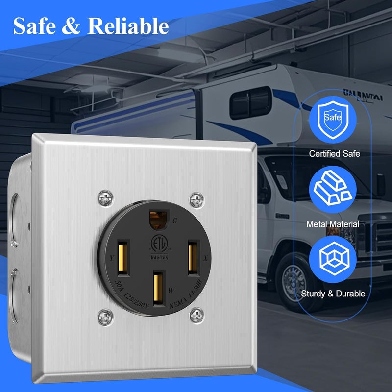 HYDUUU NEMA 14-50 240V Range Outlet Box Installation Kit ETL 4-Prong 50A RV Receptacle UL 4" 2-Gang Metal Electrical Box Plaster Ring Surface Flush Mount Exposed Work Cover Faceplate Clamp Connector - Image 5